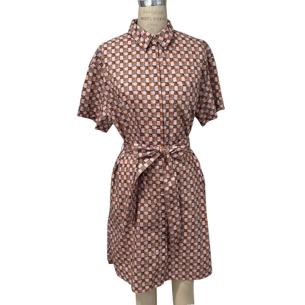 Burberry Shirt Dress Womens 14 Pink Short Sleeve Belted Tiled Archive Print